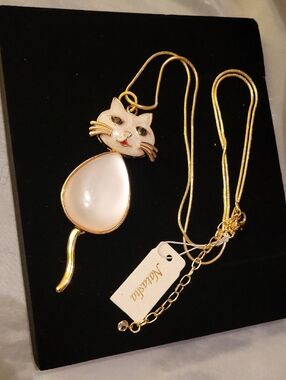Natasha Cat Pendant Necklace with White Stone and Gold-Tone Finish Ta